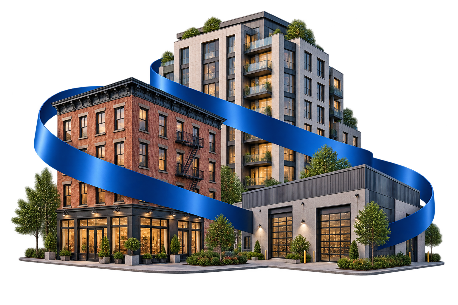 Mixed-use, multifamily, and light-industrial commercial properties connected by a blue financing ribbon